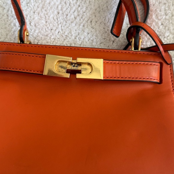 Tory Burch Lee Radziwill Petite Bag Orange Italian Leather Gold Hardware Handle - Picture 12 of 16